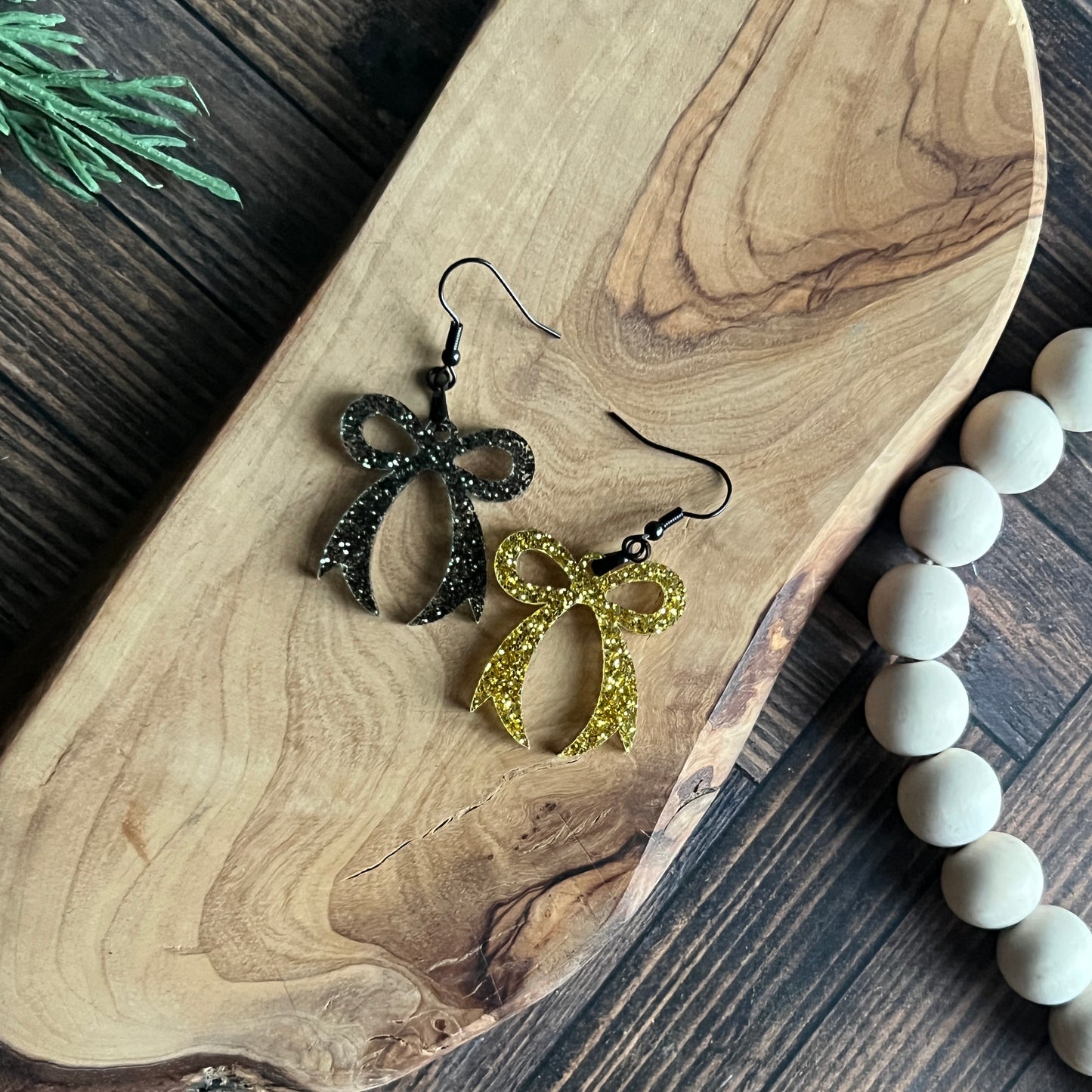 Green and Black Glitter Bow Earrings