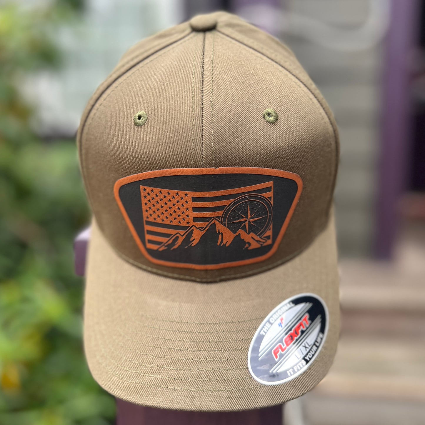 Flag, Compass, and Mountains Olive Flex Fix Yupoong Large/Xlarge