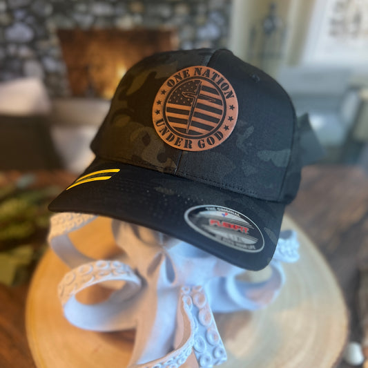 One Nation Under God Flex Fit Black Multi Camo Yupoong Large/Xlarge Hat