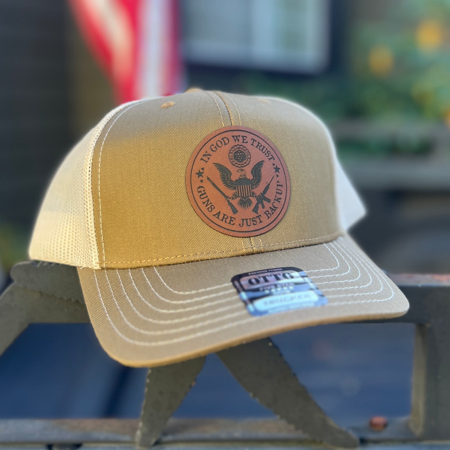 In God We Trust Guns Are Just Backup Coyote Brown/Light Khaki Otto Classic Trucker Hat