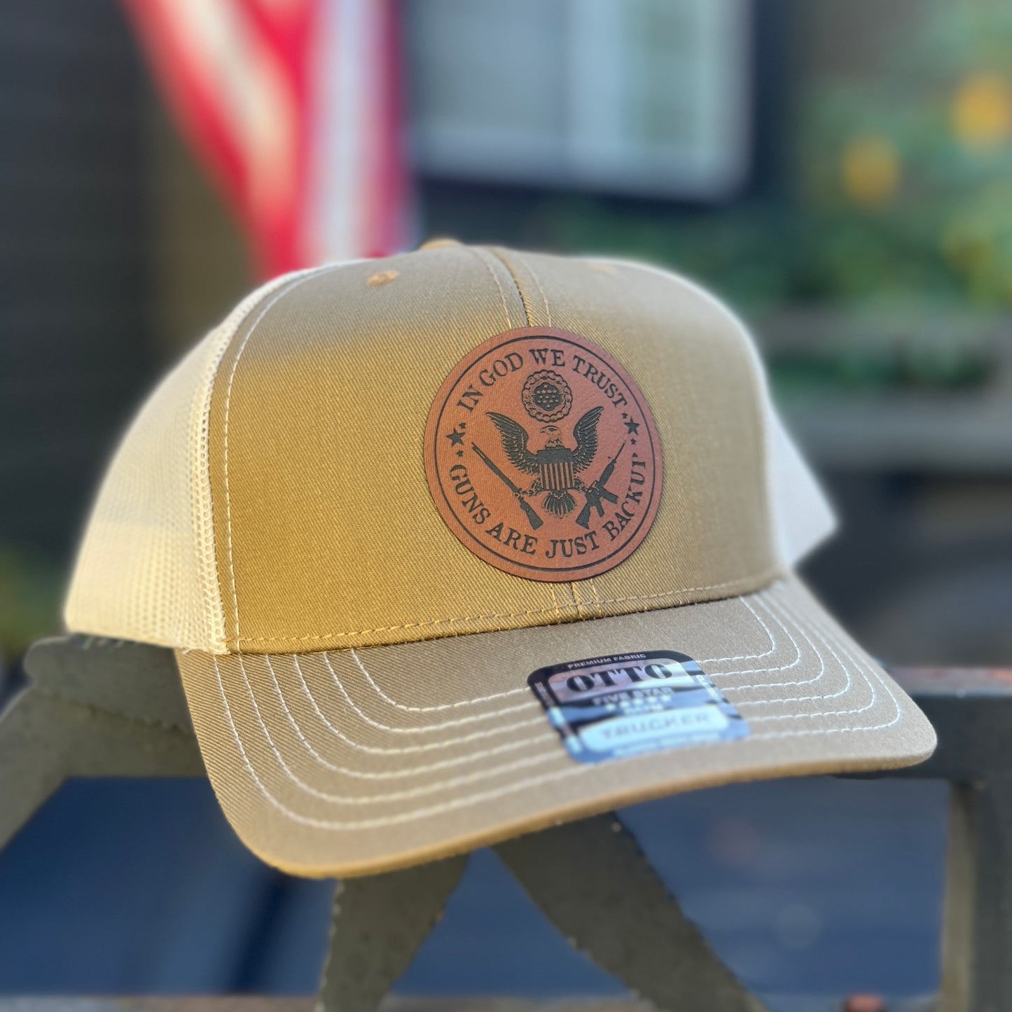 In God We Trust Guns Are Just Backup Coyote Brown/Light Khaki Otto Classic Trucker Hat