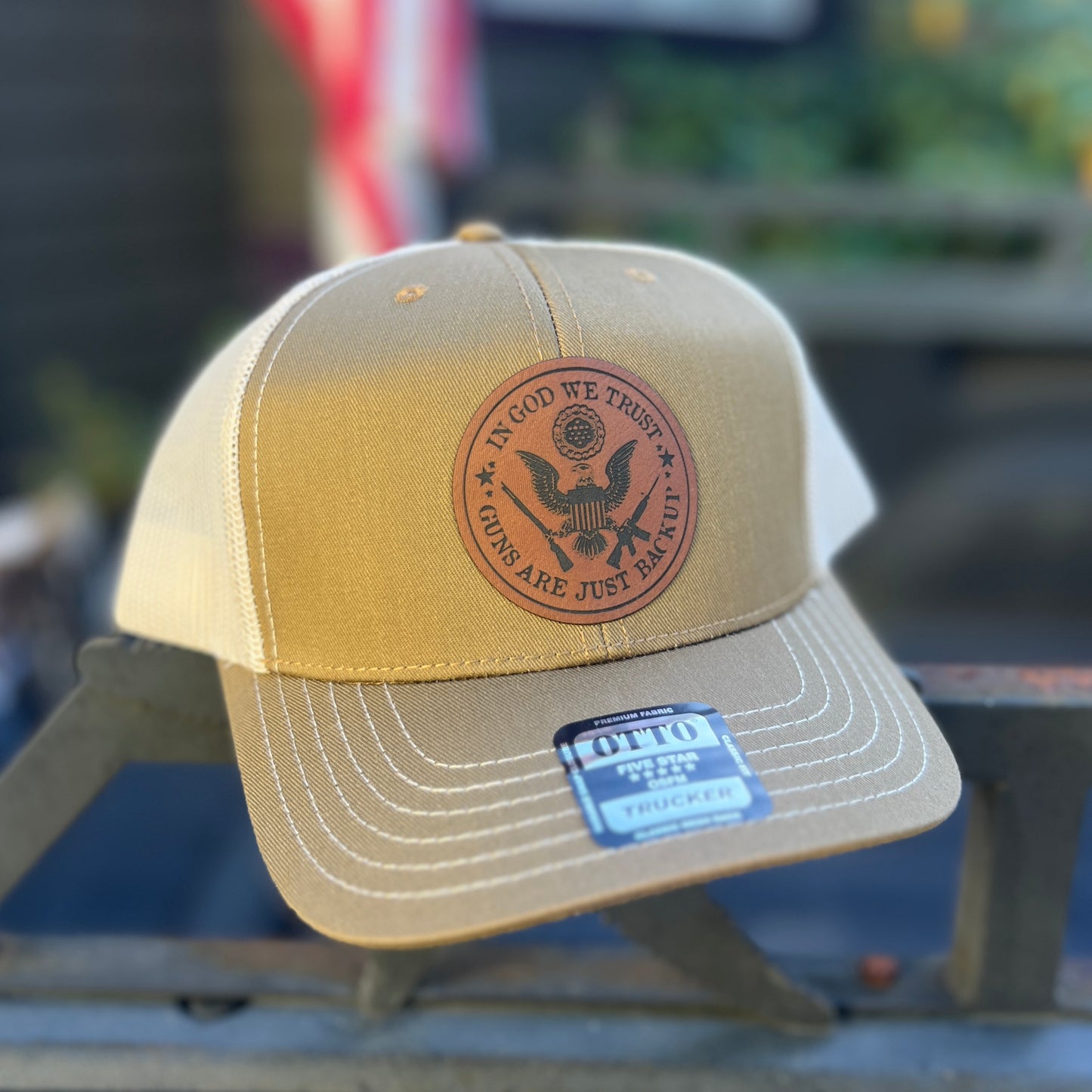 In God We Trust Guns Are Just Backup Coyote Brown/Light Khaki Otto Classic Trucker Hat