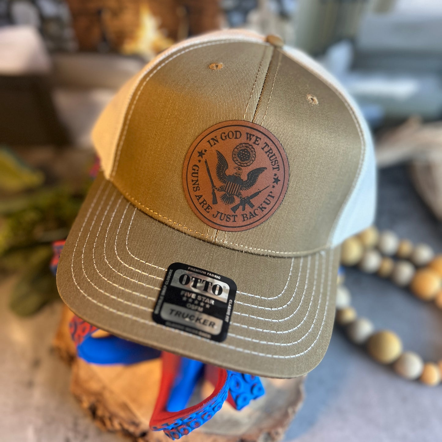 In God We Trust Guns Are Just Backup Coyote Brown/Light Khaki Otto Classic Trucker Hat
