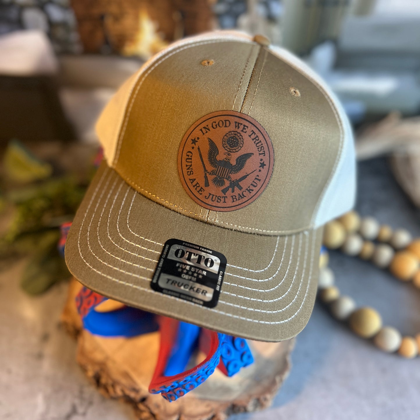In God We Trust Guns Are Just Backup Coyote Brown/Light Khaki Otto Classic Trucker Hat