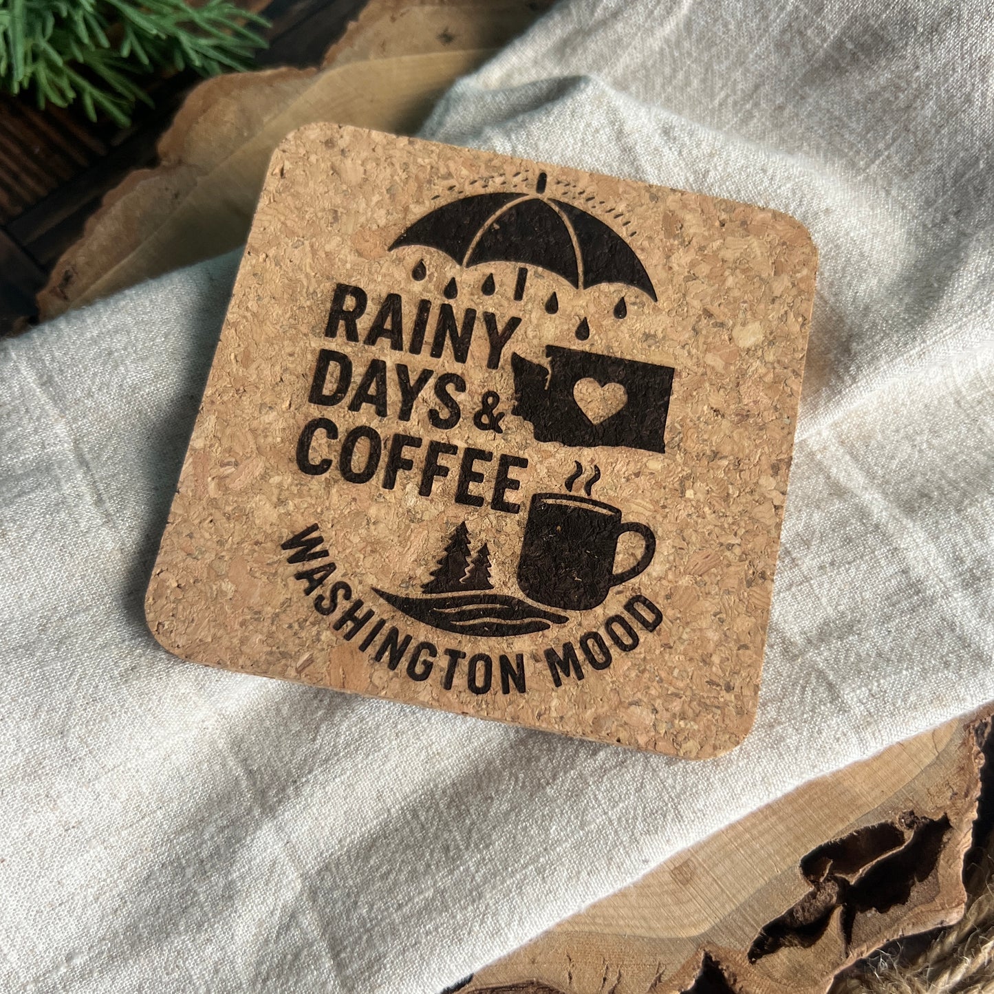 Rainy Days & Coffee Washington Mood Cork Coasters