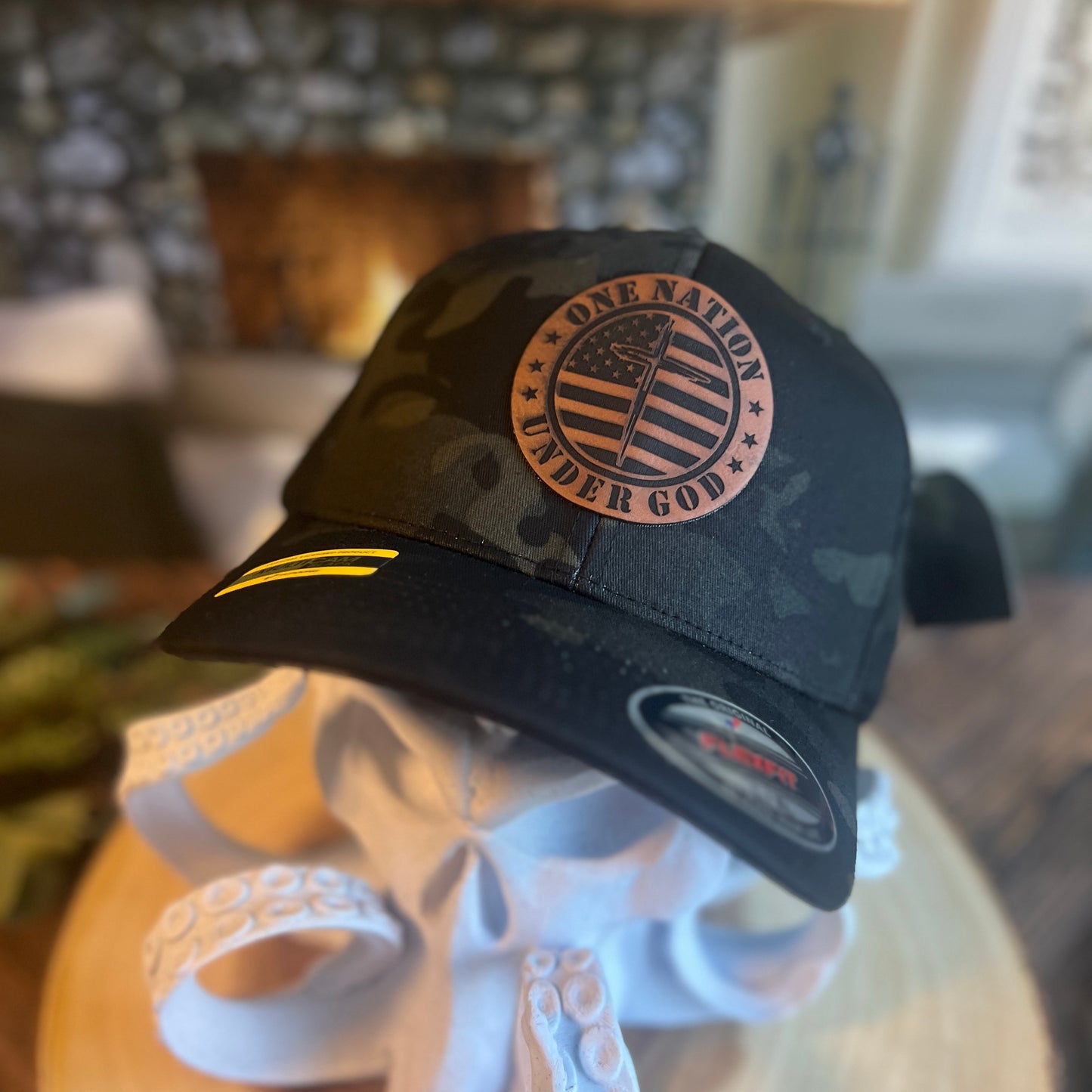 One Nation Under God Flex Fit Black Multi Camo Yupoong Large/Xlarge Hat