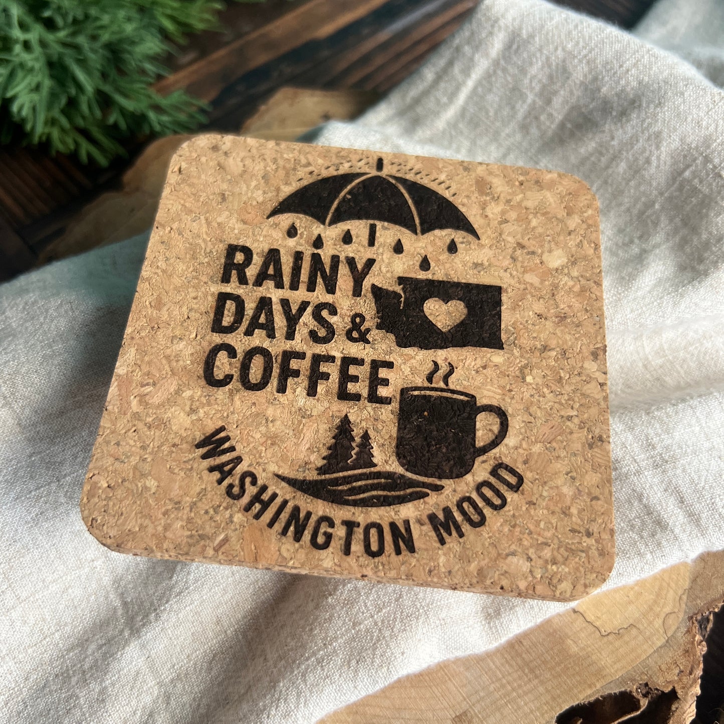 Rainy Days & Coffee Washington Mood Cork Coasters