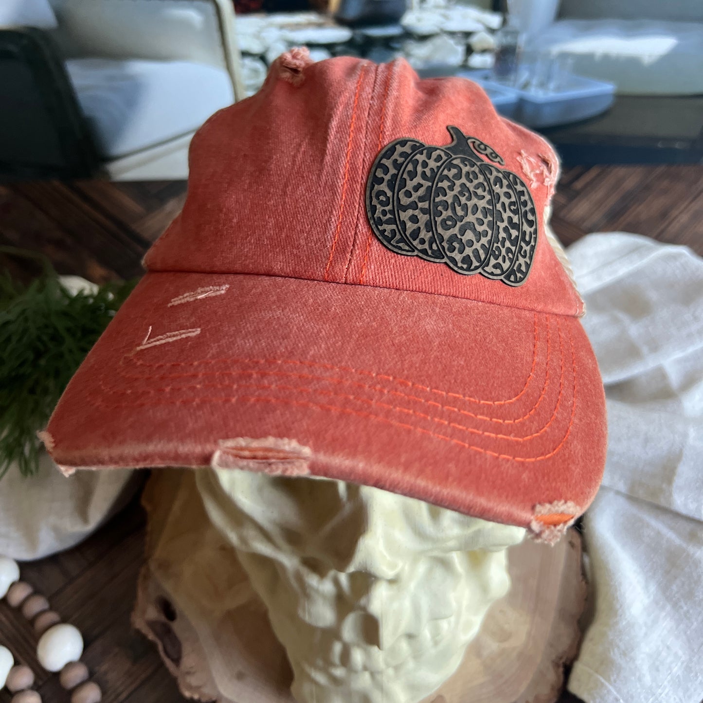 Pumpkin Distressed Ponytail Hat