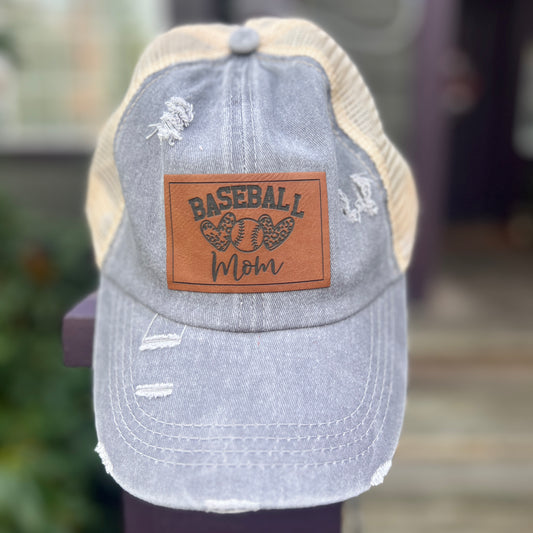 Baseball Mom Grey Distressed Ponytail Hat