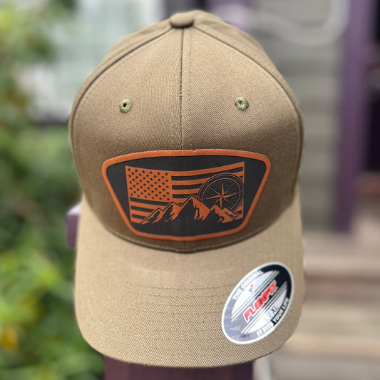 Flag, Compass, and Mountains Olive Flex Fix Yupoong Large/Xlarge