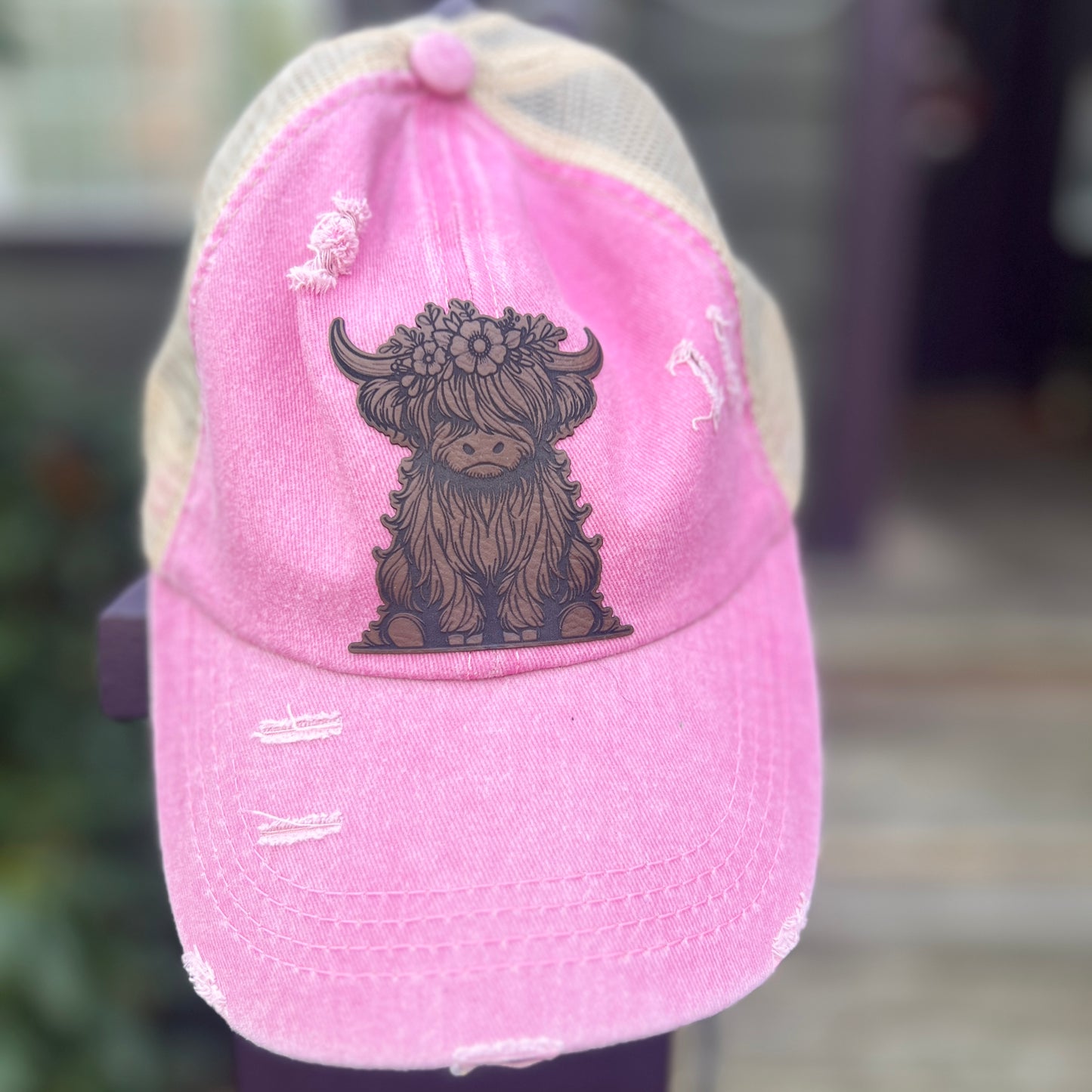 Highland Cow Distressed Ponytail Hat