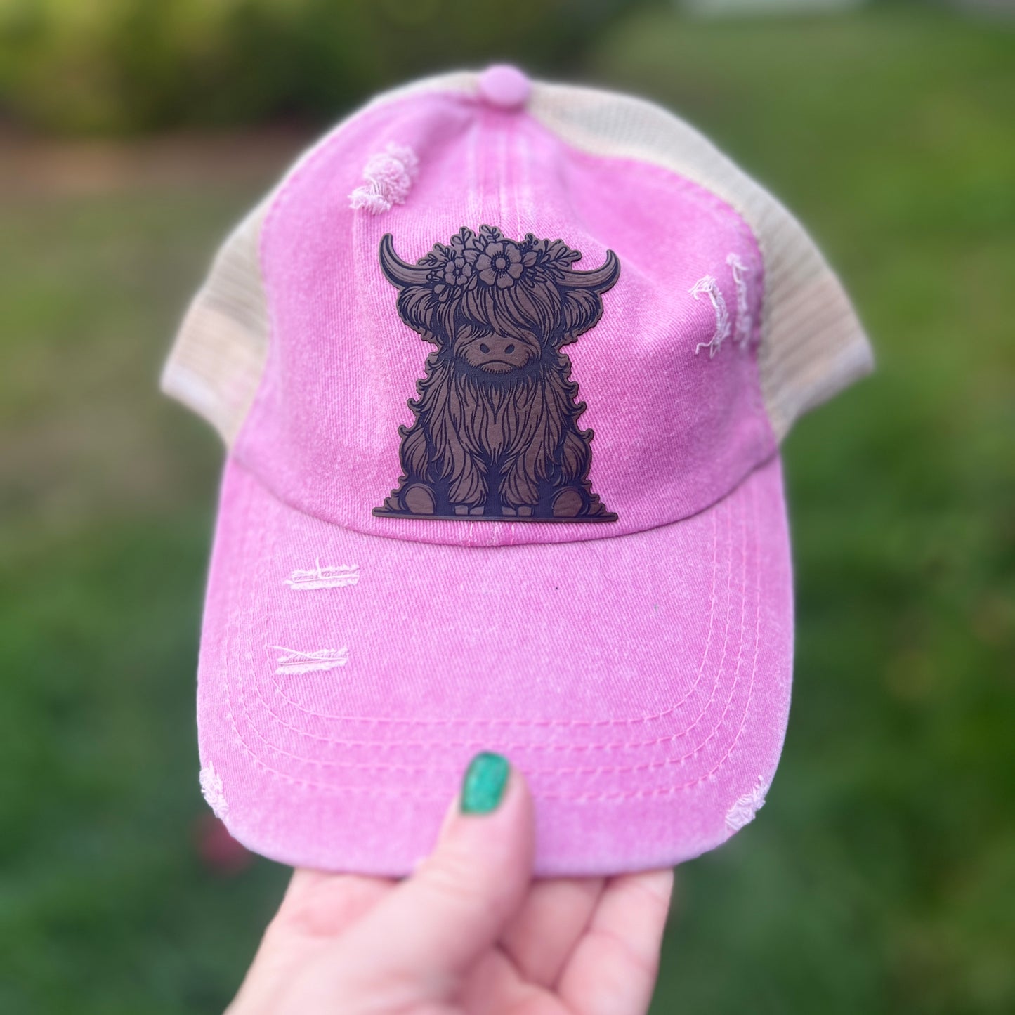 Highland Cow Distressed Ponytail Hat