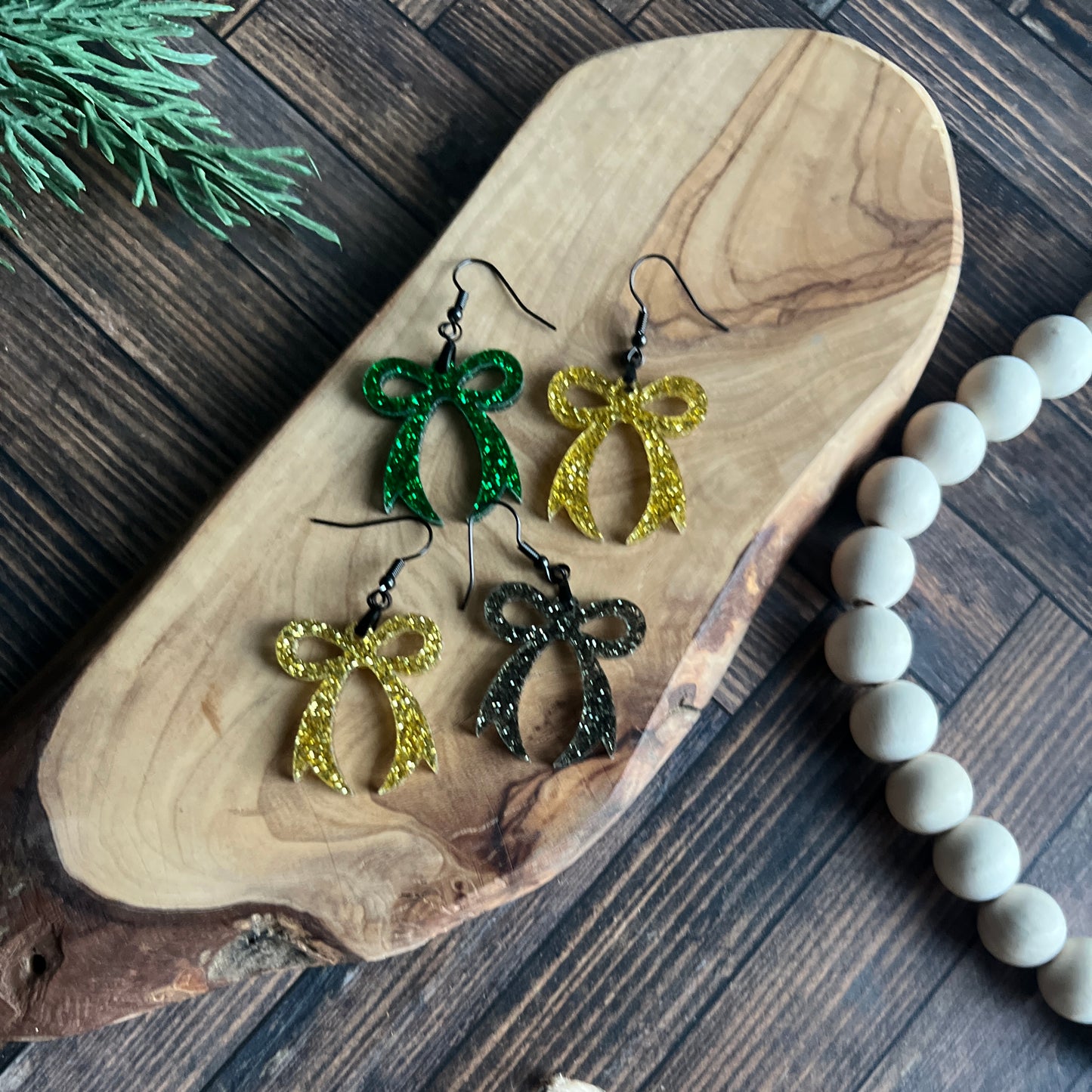 Green and Black Glitter Bow Earrings