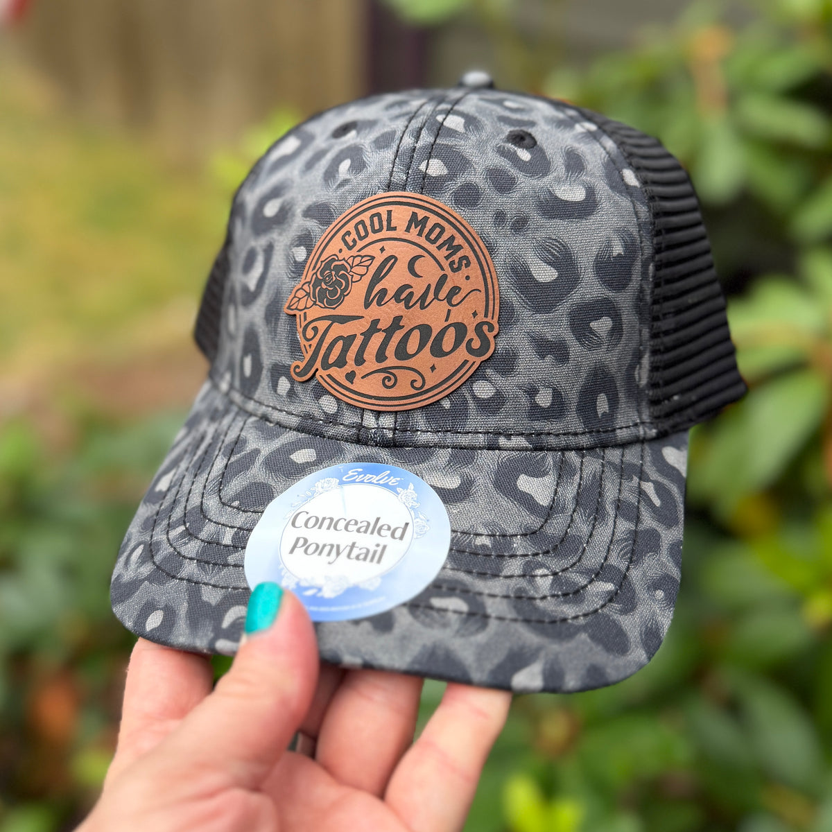 Cool Moms Have Tatttos Ponytail Hat Leopard Black Print