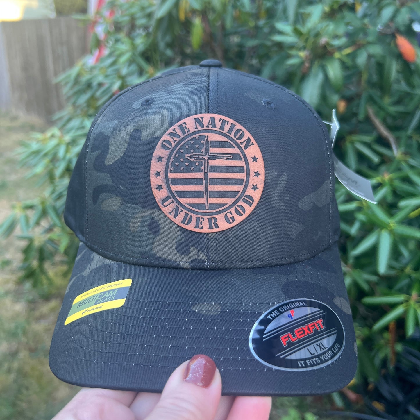 One Nation Under God Flex Fit Black Multi Camo Yupoong Large/Xlarge Hat