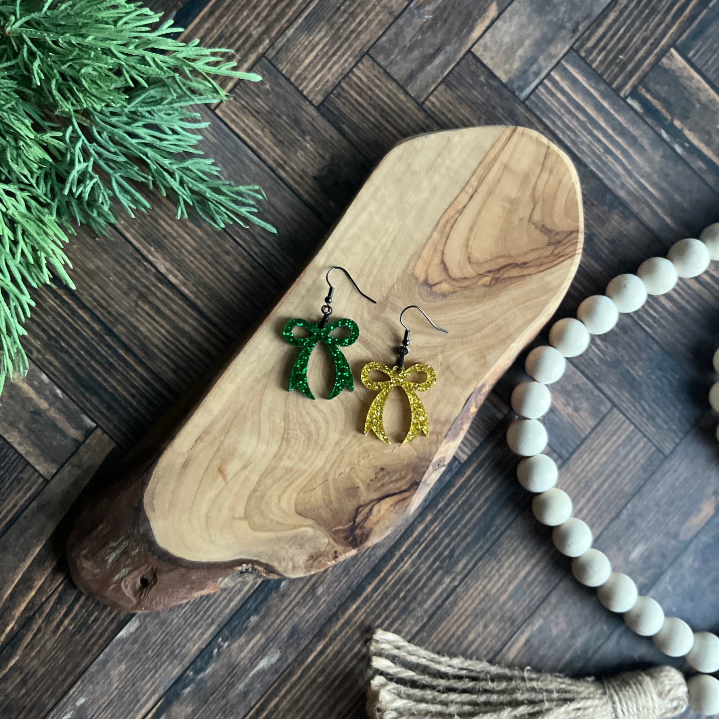 Green and Gold Glitter Bow Earrings