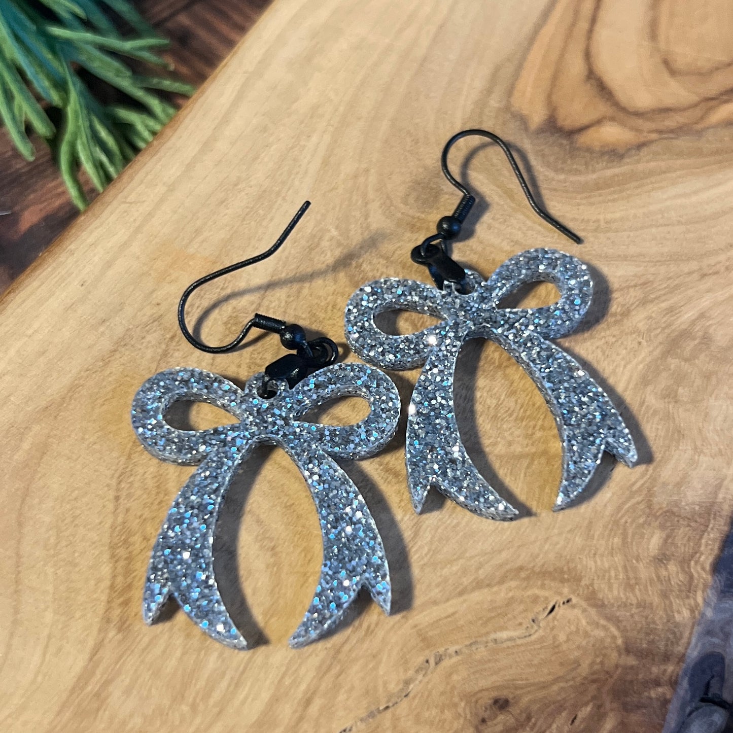 Silver Glitter Bow Earrings