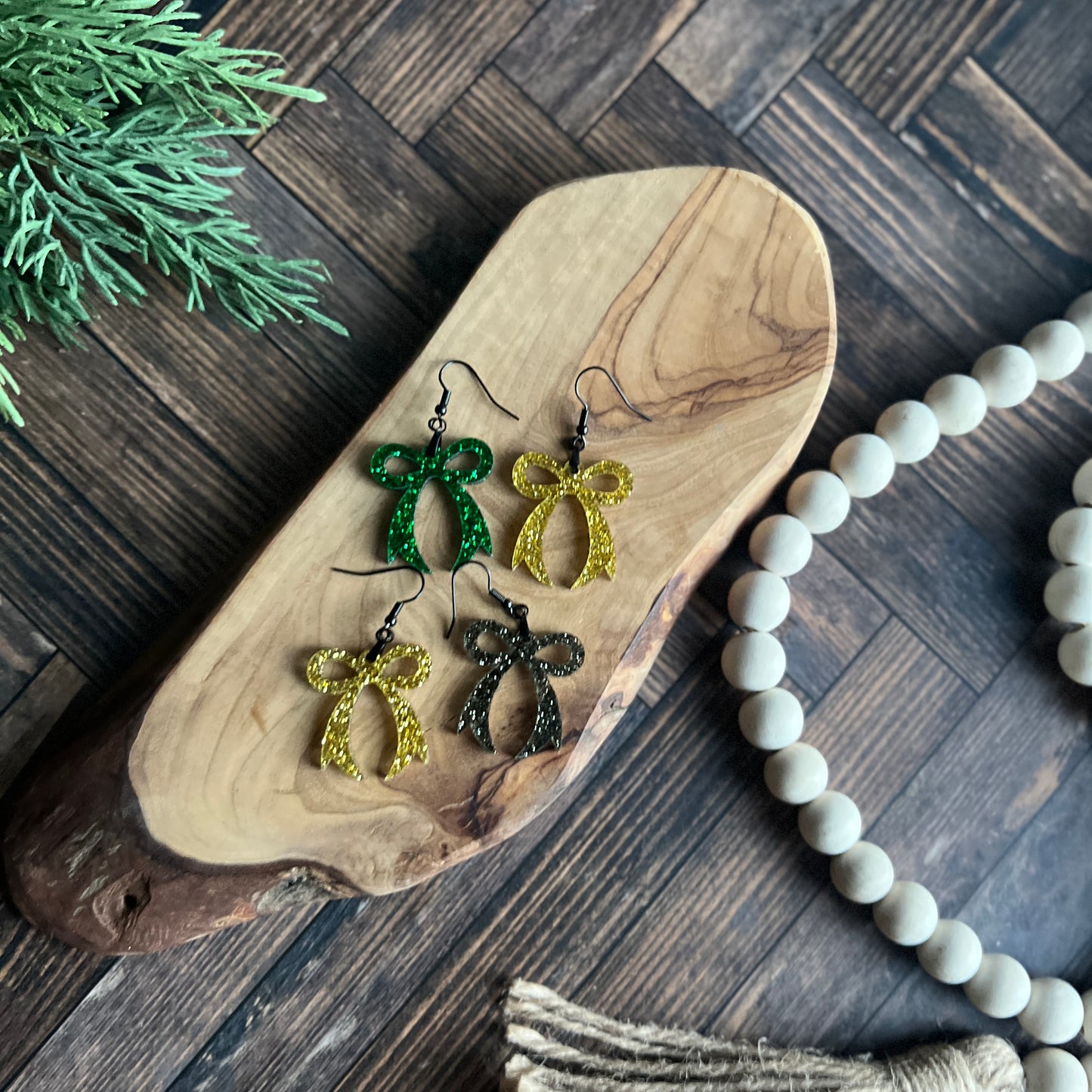 Green and Black Glitter Bow Earrings