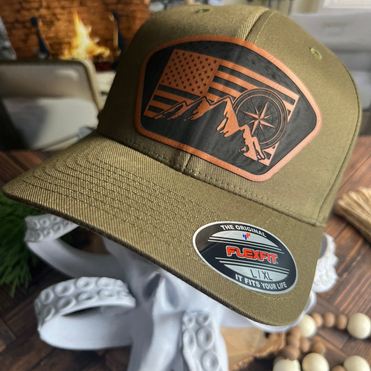 Flag, Compass, and Mountains Olive Flex Fix Yupoong Large/Xlarge