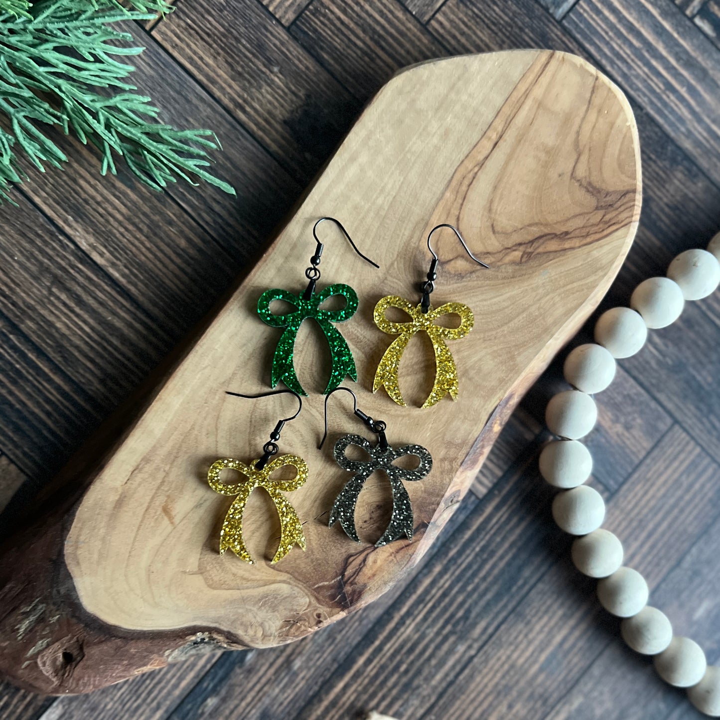 Green and Black Glitter Bow Earrings