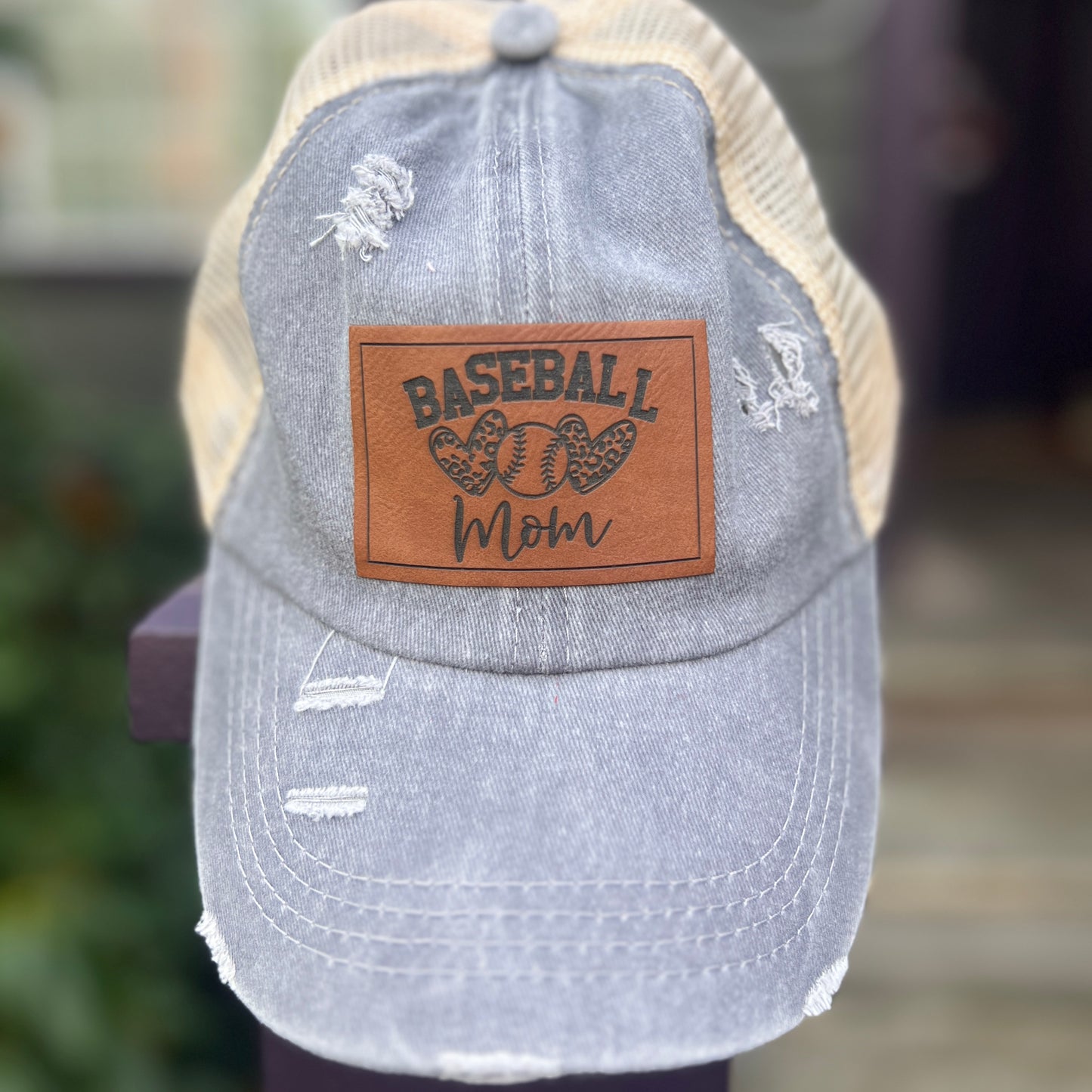 Baseball Mom Grey Distressed Ponytail Hat