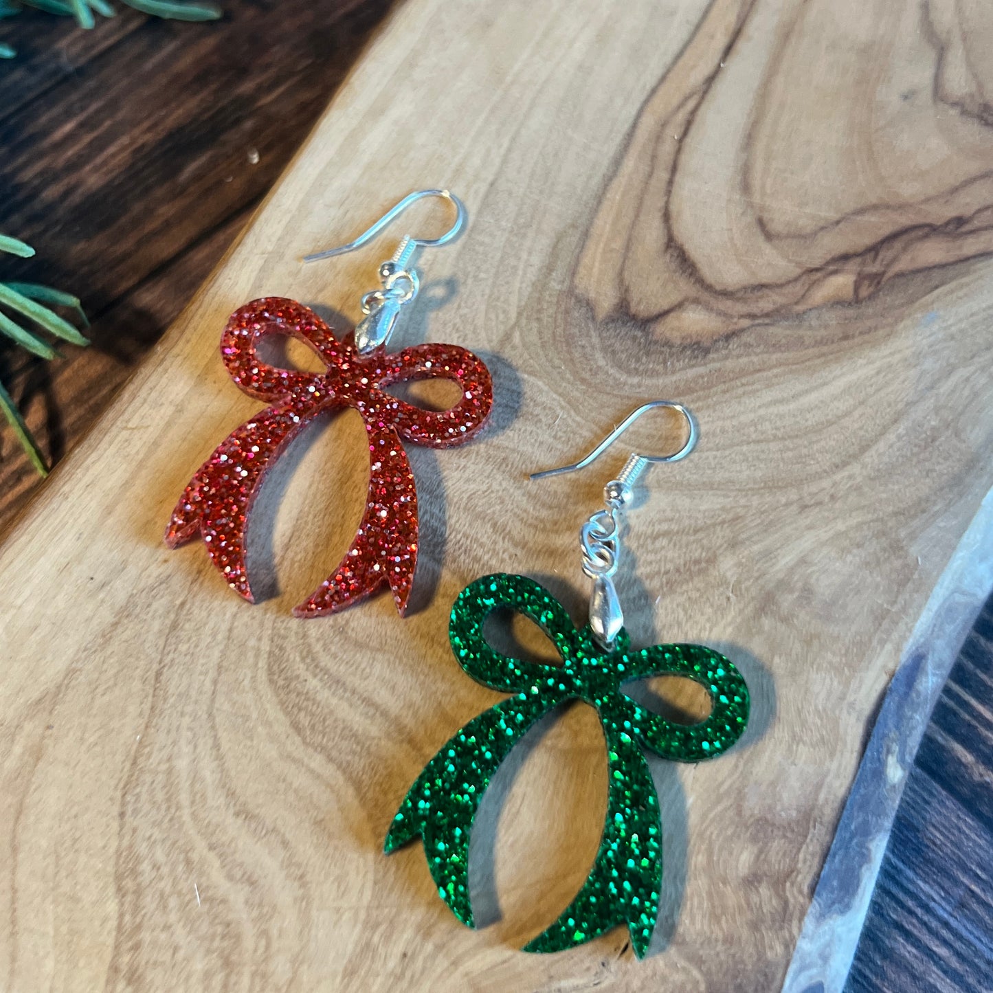 Green Glitter Bow Earrings