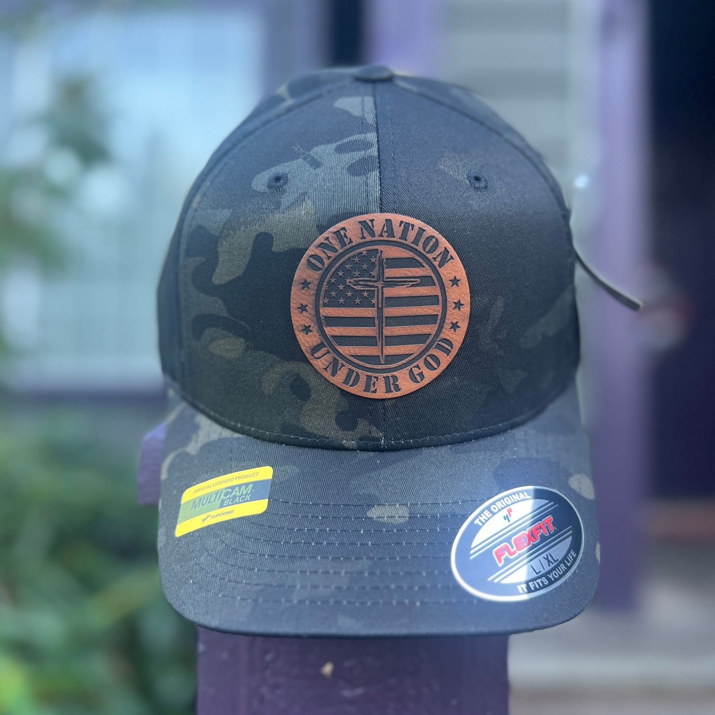 One Nation Under God Flex Fit Black Multi Camo Yupoong Large/Xlarge Hat
