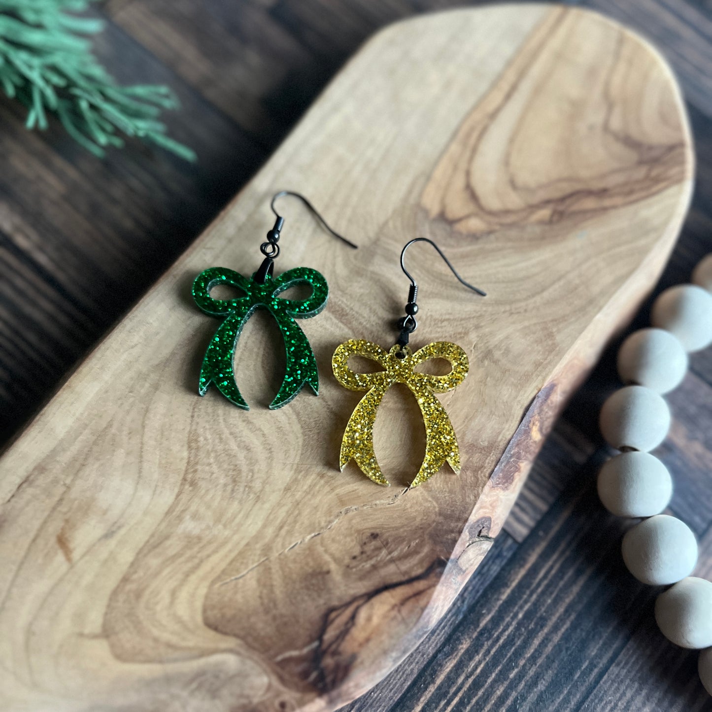 Green and Black Glitter Bow Earrings