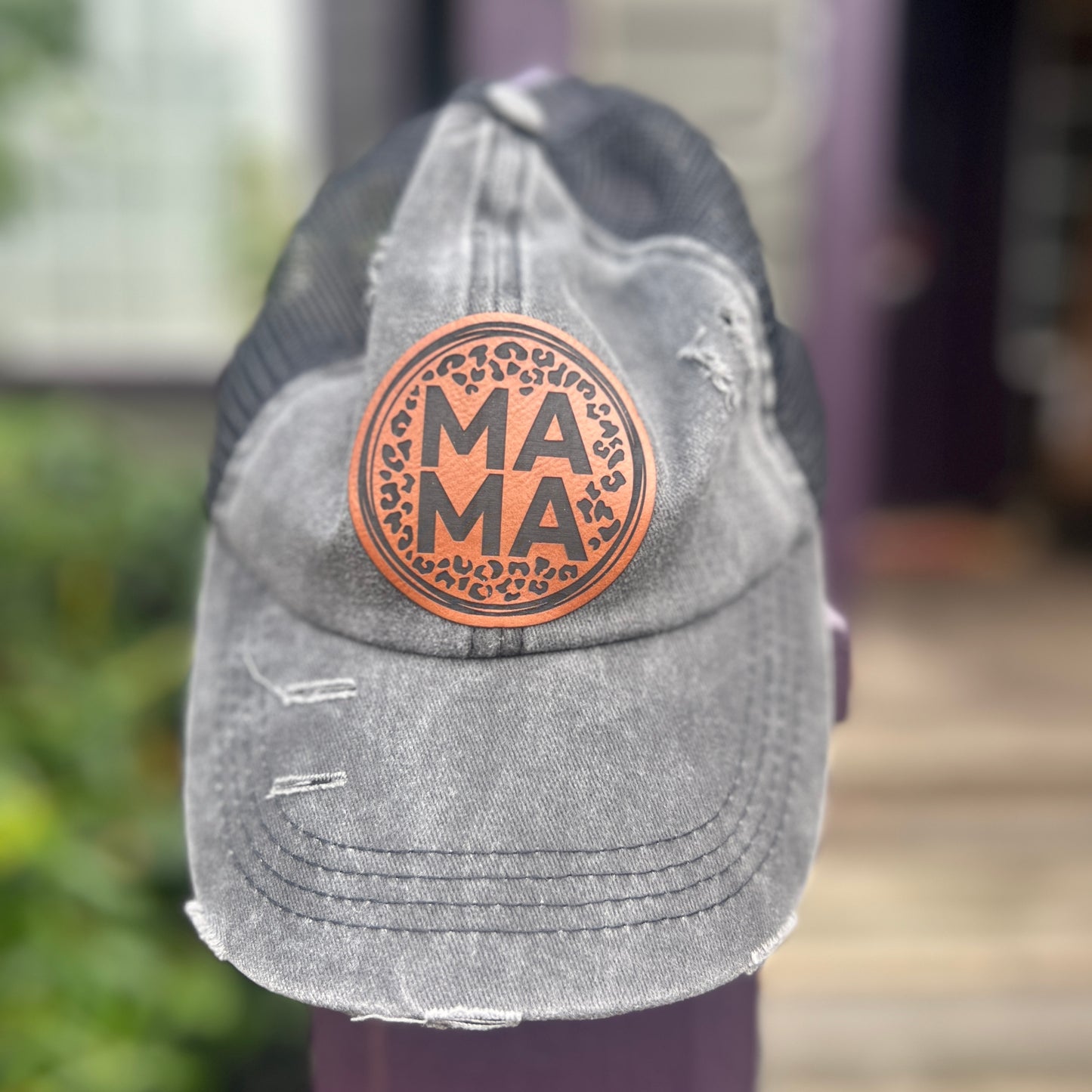 MaMa Distressed Black Ponytail Hat