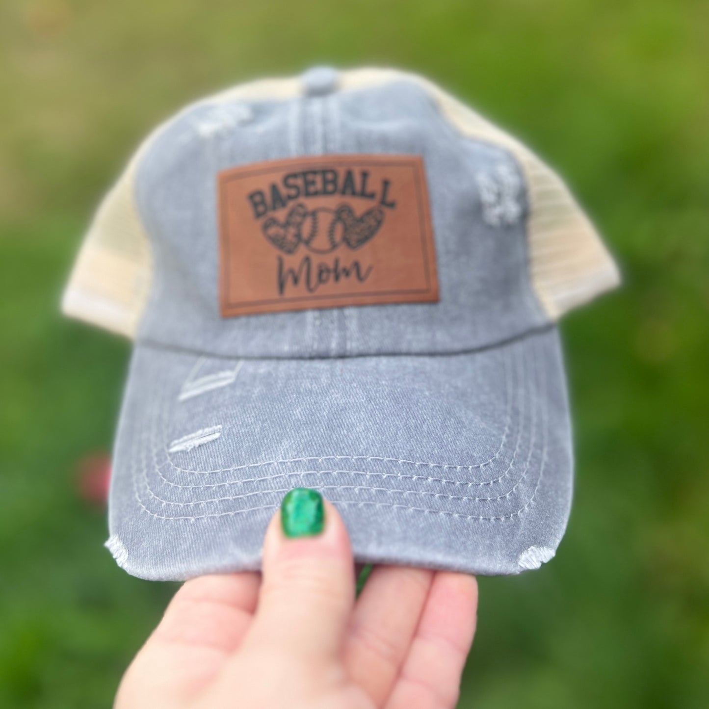 Baseball Mom Grey Distressed Ponytail Hat