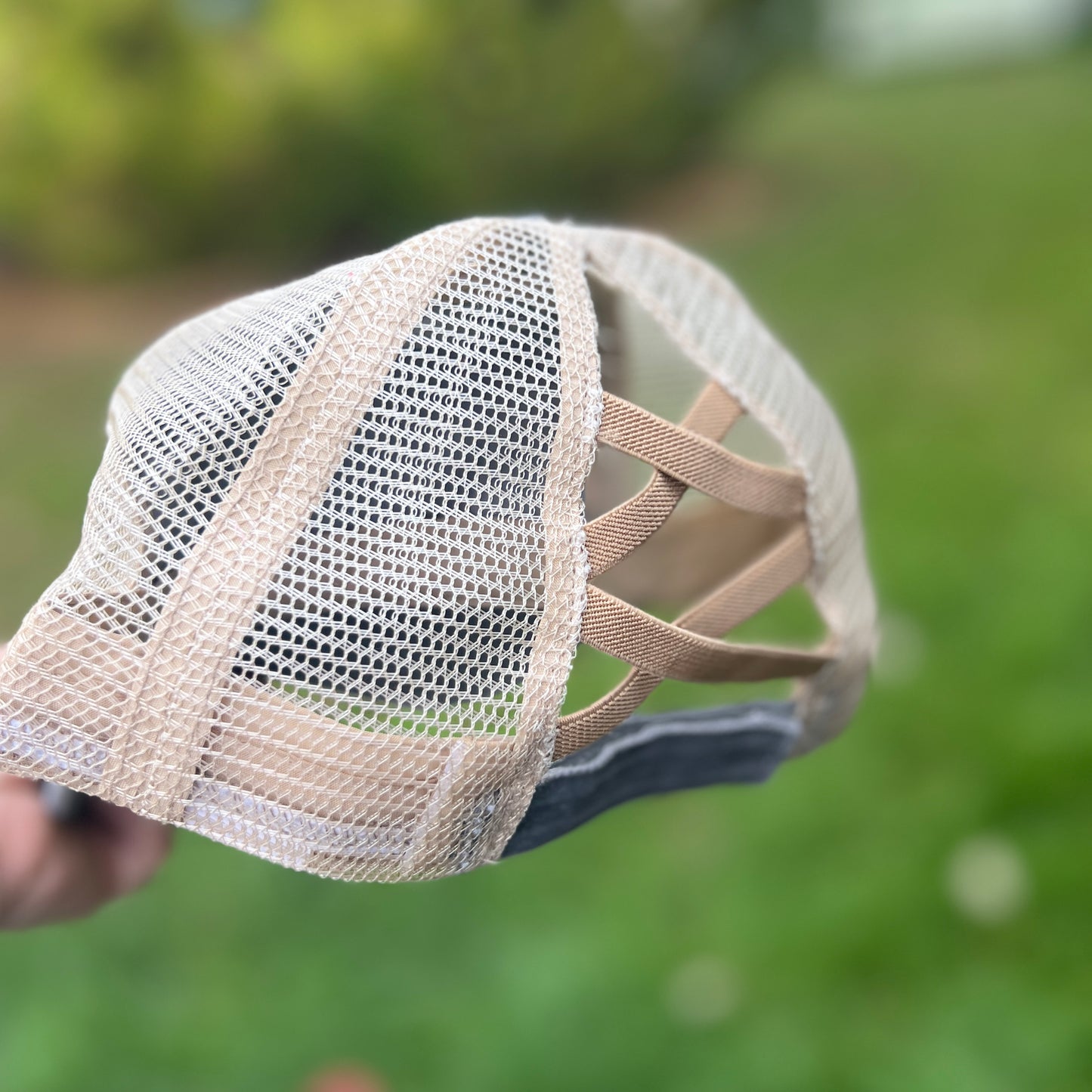 Baseball Mom Grey Distressed Ponytail Hat