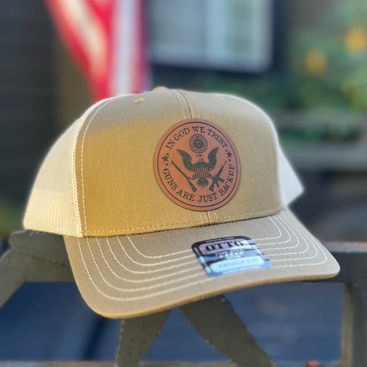 In God We Trust Guns Are Just Backup Coyote Brown/Light Khaki Otto Classic Trucker Hat