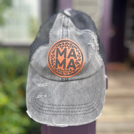 MaMa Distressed Black Ponytail Hat