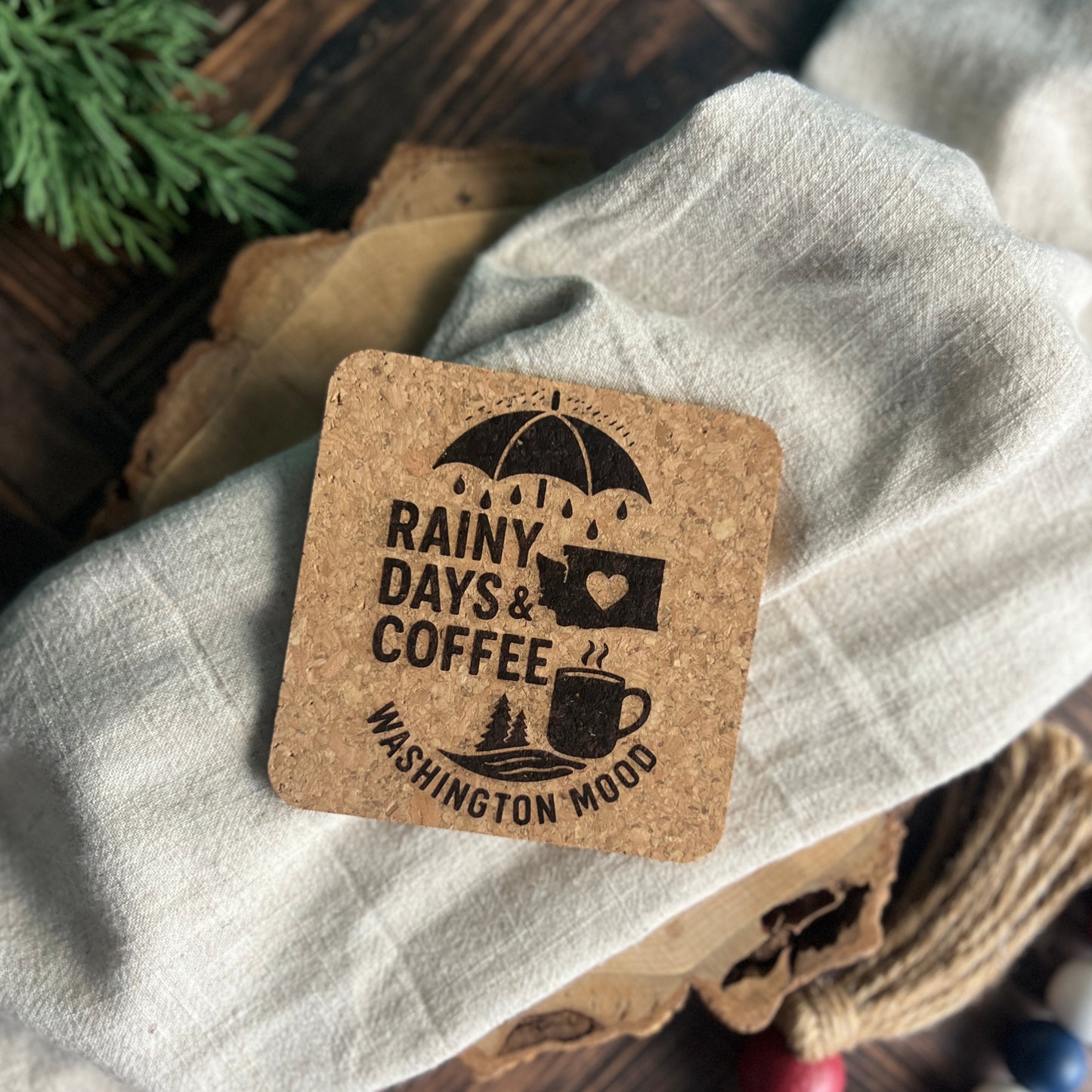 Rainy Days & Coffee Washington Mood Cork Coasters