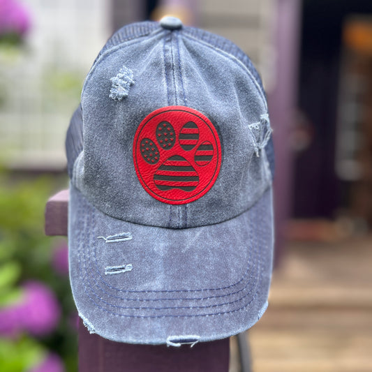 Patriotic Paw Print Distressed Ponytail hat