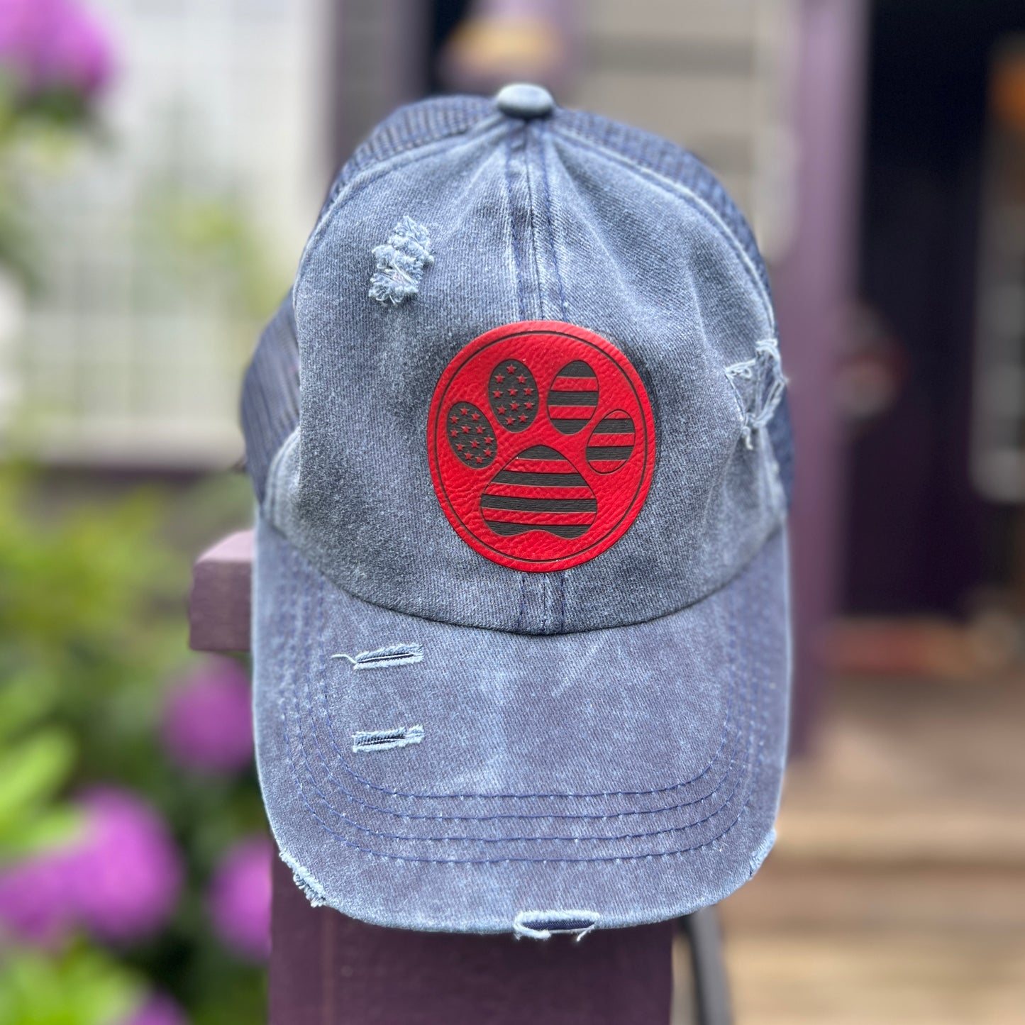 Patriotic Paw Print Distressed Ponytail hat