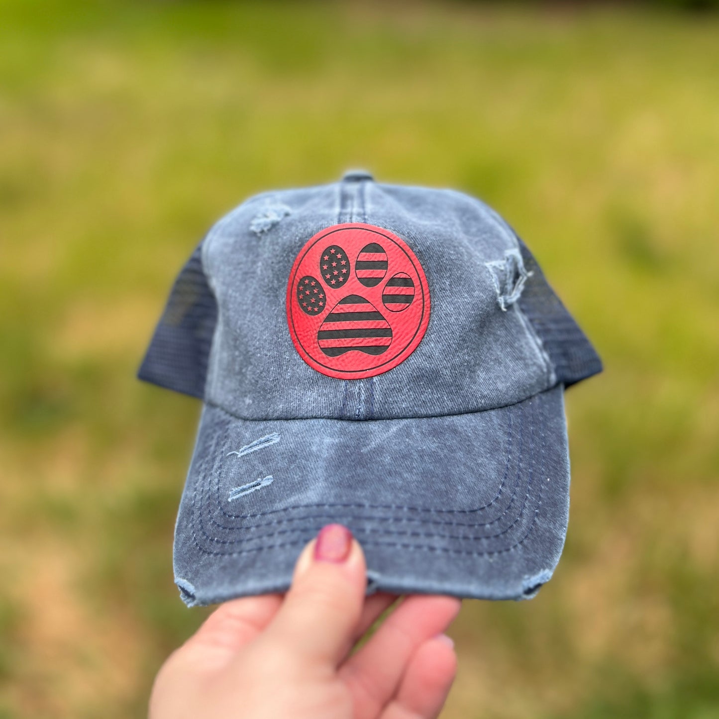 Patriotic Paw Print Distressed Ponytail hat