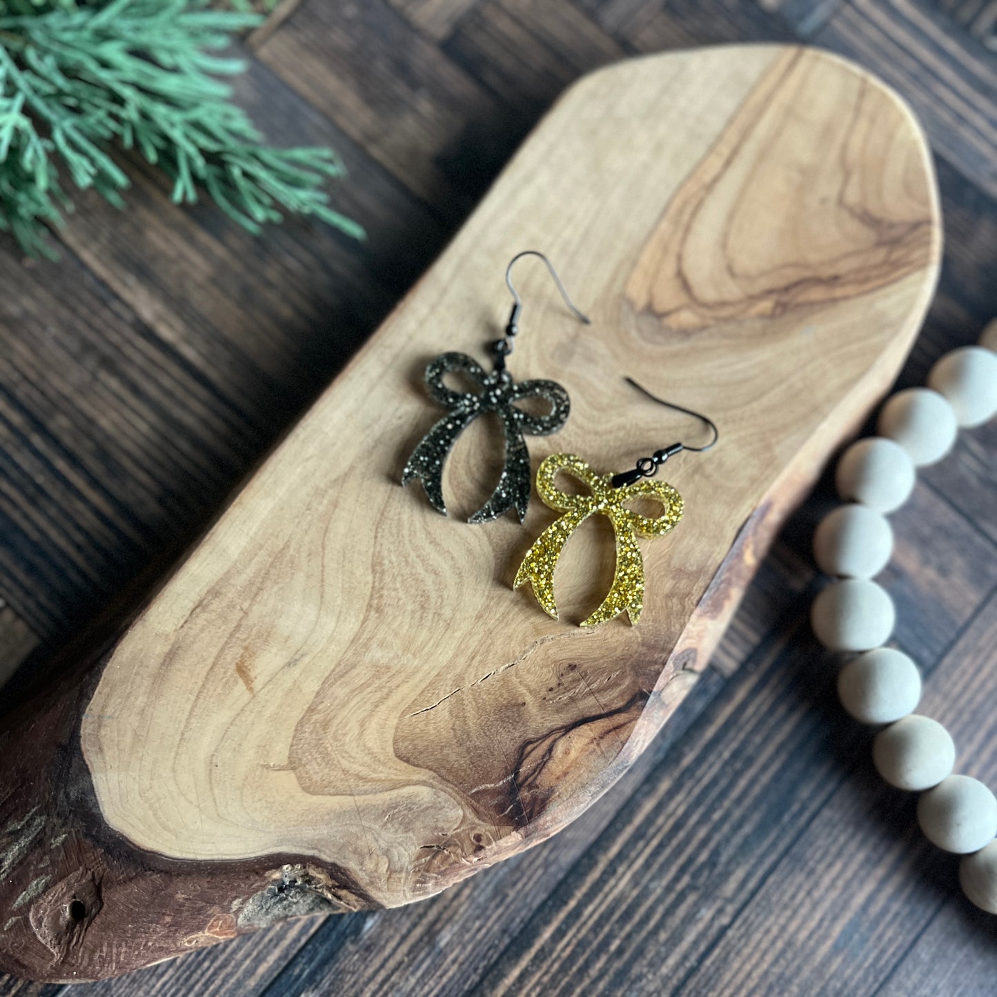 Green and Black Glitter Bow Earrings