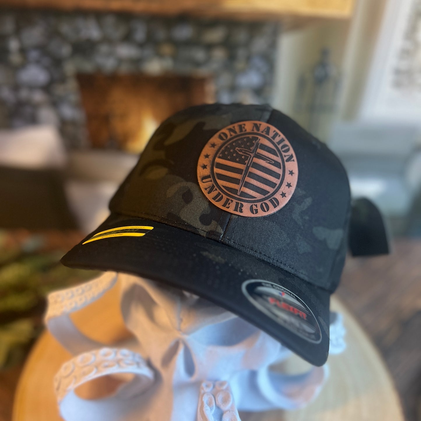 One Nation Under God Flex Fit Black Multi Camo Yupoong Large/Xlarge Hat
