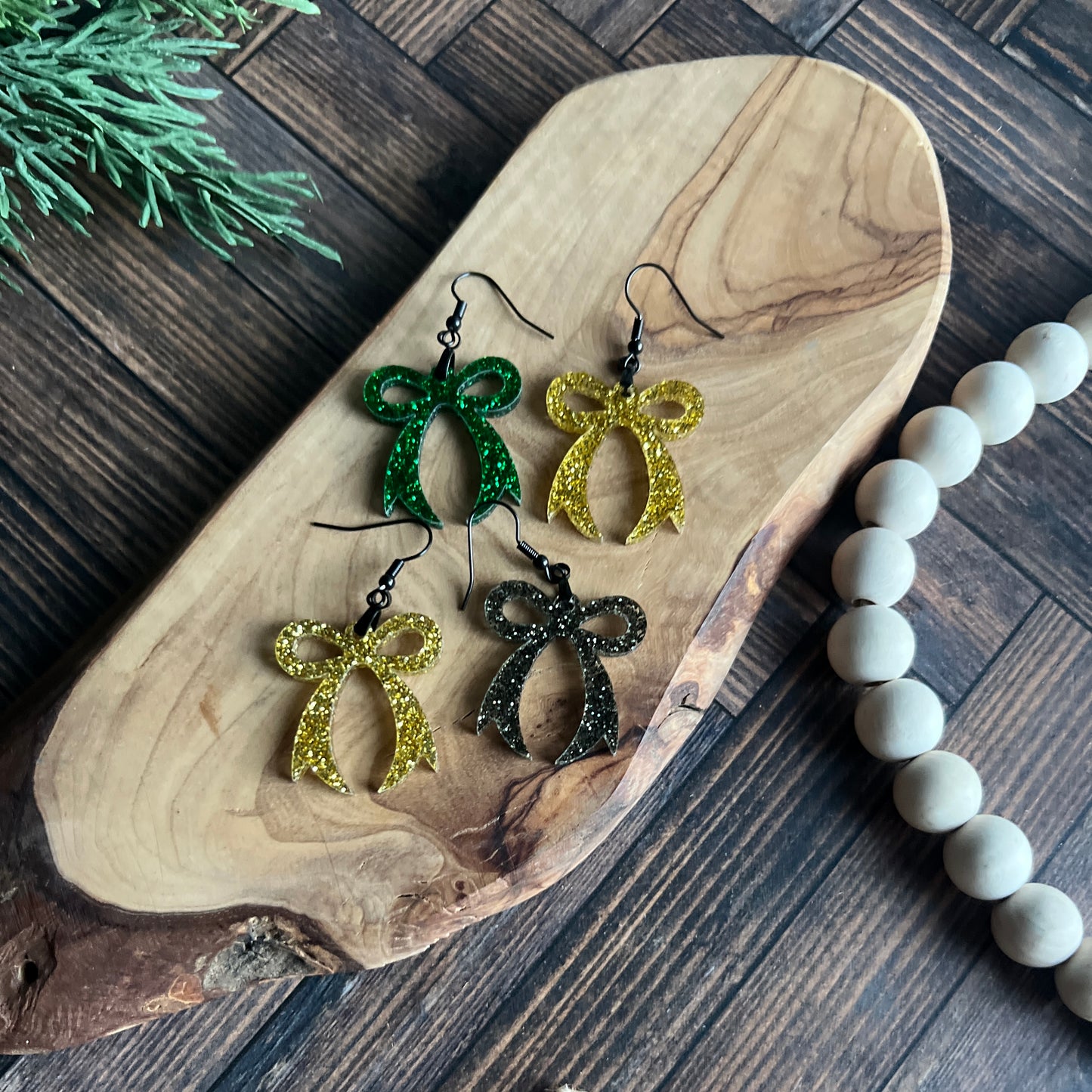 Green and Black Glitter Bow Earrings