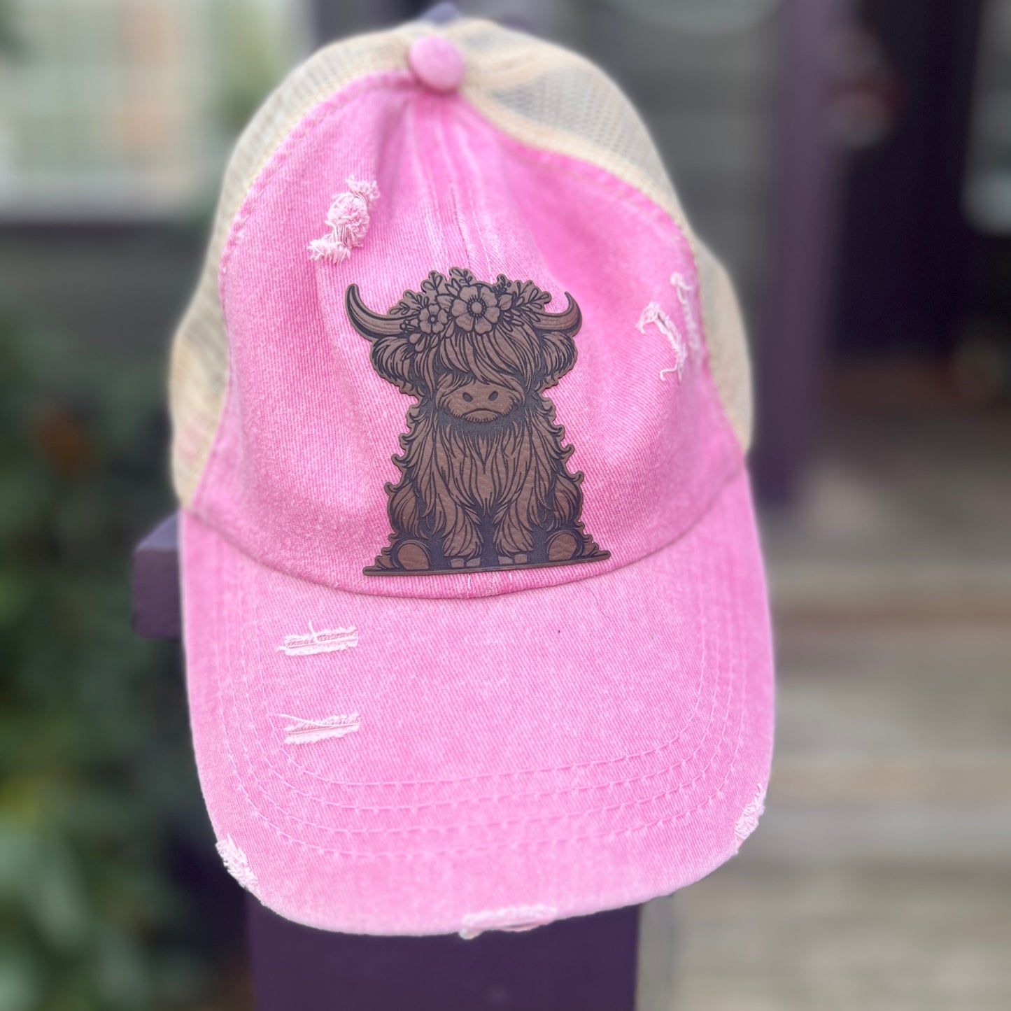 Highland Cow Distressed Ponytail Hat