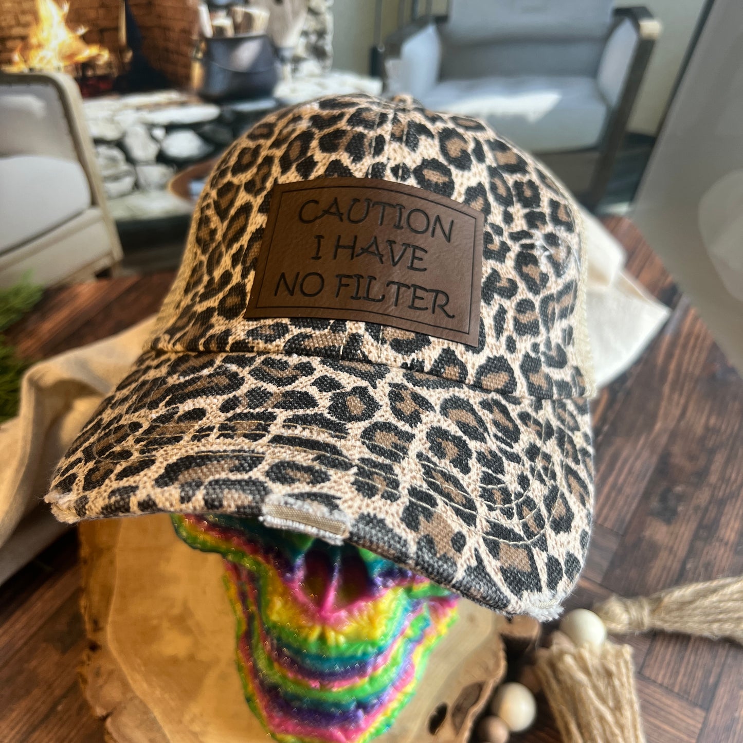 Caution I have no Filter Leopard Distressed Ponytail hat