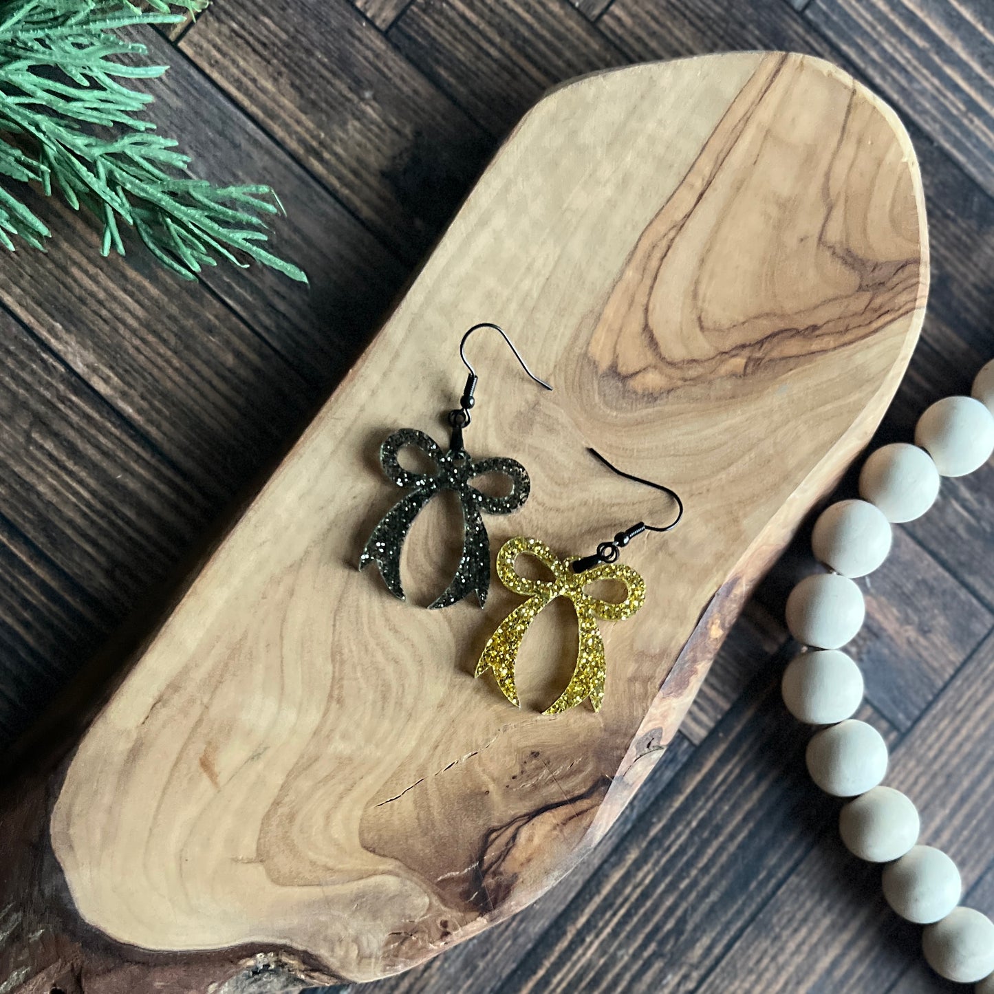 Green and Black Glitter Bow Earrings