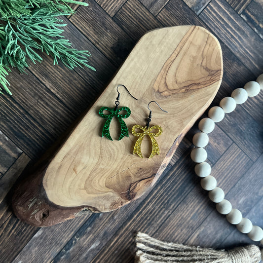 Green and Gold Glitter Bow Earrings