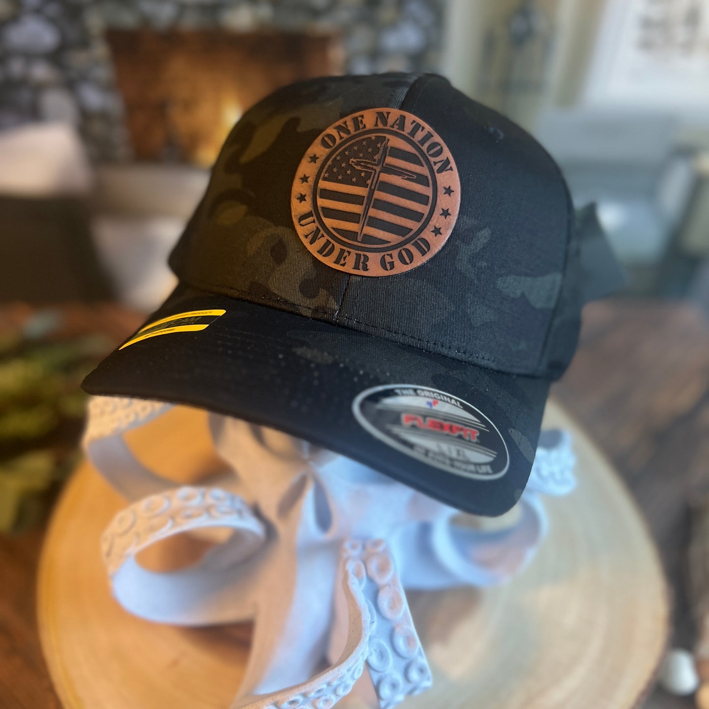 One Nation Under God Flex Fit Black Multi Camo Yupoong Large/Xlarge Hat
