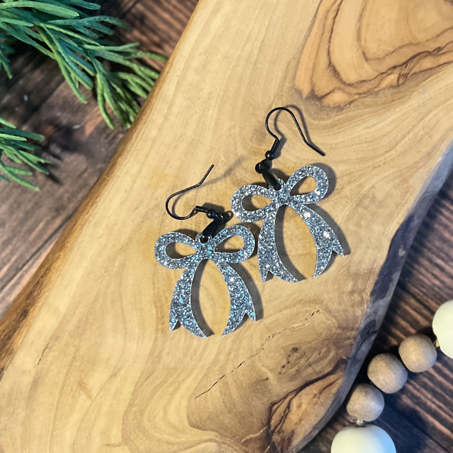 Silver Glitter Bow Earrings