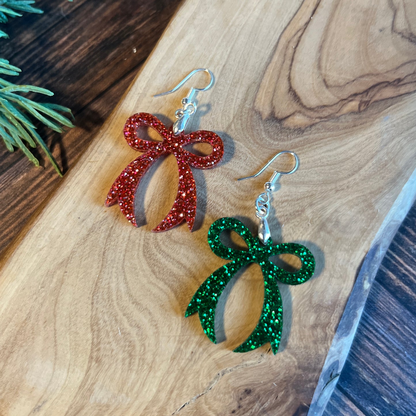 Green Glitter Bow Earrings